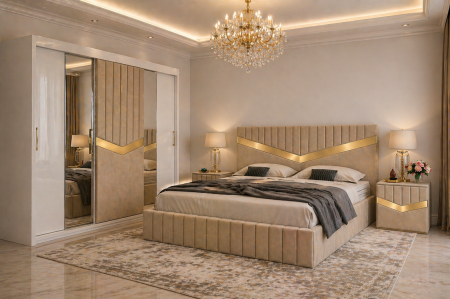 Dormitor Lotus Cu Dressing Alb 250x200, Pat Tapițat și Noptiere Tapițate
