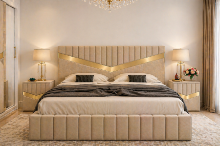 Dormitor Lotus Cu Dressing Alb 250x200, Pat Tapițat și Noptiere Tapițate [1]
