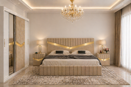 Dormitor Lotus Cu Dressing Alb 250x200, Pat Tapițat și Noptiere Tapițate [2]