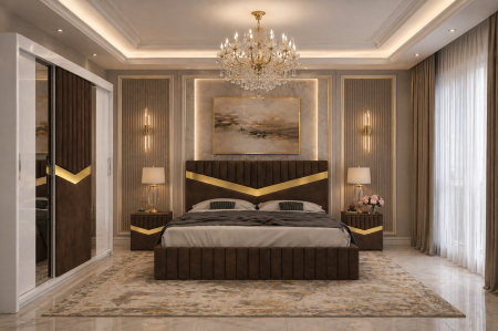 Dormitor Lotus Cu Dressing Alb 250x200, Pat Tapițat și Noptiere Tapițate [2]