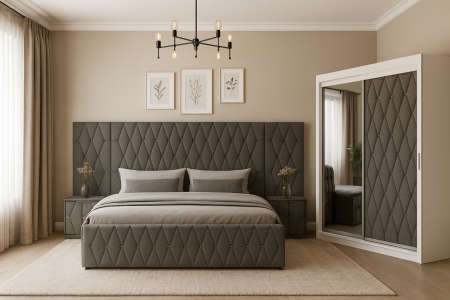 MOBILIER COMPLET DORMITOR - Dormitor Maldive cu Pat Extensie, Noptiere și Dressing Tapițate