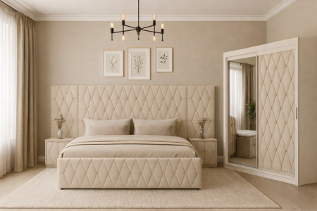 Dormitor Maldive cu Pat Extensie, Noptiere și Dressing Tapițate