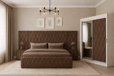 Dormitor Maldive cu Pat Extensie, Noptiere și Dressing Tapițate