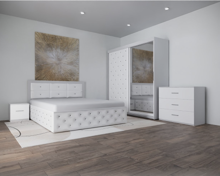 MOBILIER COMPLET DORMITOR - Dormitor Monticelli New Alb Tapitat 2 Usi cu Oglinda