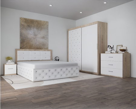 MOBILIER COMPLET DORMITOR - Dormitor Monticelli New Sonoma&Alb Tapitat 2 Usi