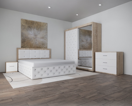 MOBILIER COMPLET DORMITOR - Dormitor Monticelli New Sonoma&Alb Tapitat 2 Usi cu Oglinda