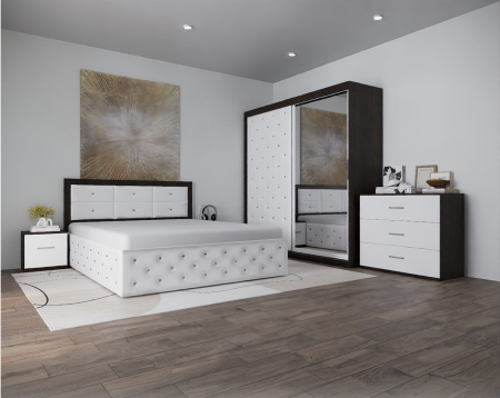MOBILIER COMPLET DORMITOR - Dormitor Monticelli New Wenge&Alb Tapitat 2 Usi cu Oglinda