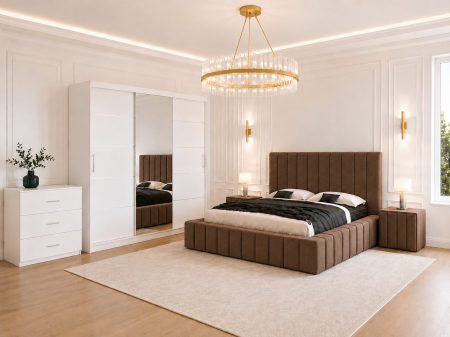 Dormitor Montreal cu Dressing Alb 250x200, Comodă, Pat și Noptiere Tapițate