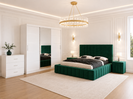MOBILIER COMPLET DORMITOR - Dormitor Montreal cu Dressing Alb 250x200, Comodă, Pat și Noptiere Tapițate