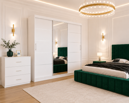 Dormitor Montreal cu Dressing Alb 250x200, Comodă, Pat și Noptiere Tapițate [2]