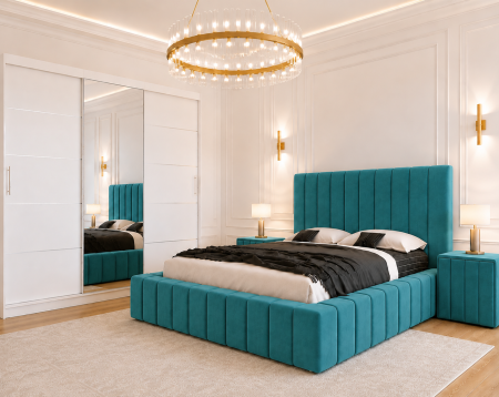 Dormitor Montreal cu Dressing Alb 250x200, Comodă, Pat și Noptiere Tapițate [1]