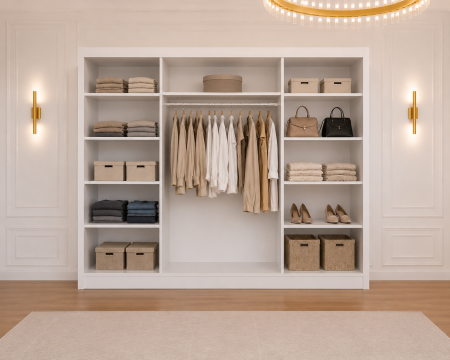 Dormitor Montreal cu Dressing Alb 250x200, Comodă, Pat și Noptiere Tapițate [2]