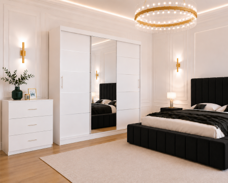 Dormitor Montreal cu Dressing Alb 250x200, Comodă, Pat și Noptiere Tapițate [1]
