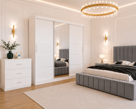Dormitor Montreal cu Dressing Alb 250x200, Comodă, Pat și Noptiere Tapițate [2]