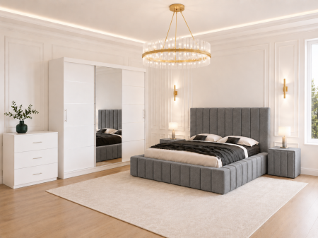 Dormitor Montreal cu Dressing Alb 250x200, Comodă, Pat și Noptiere Tapițate