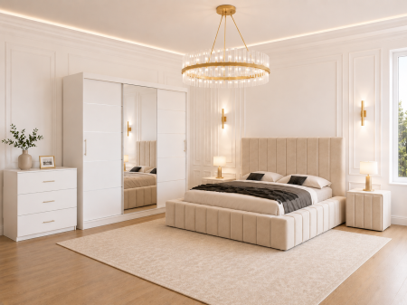 Dormitor Montreal cu Dressing Alb 250x200, Comodă, Pat și Noptiere Tapițate