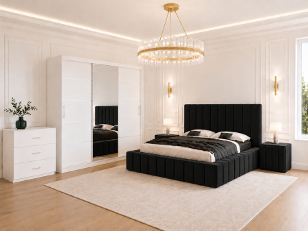 Dormitor Montreal cu Dressing Alb 250x200, Comodă, Pat și Noptiere Tapițate