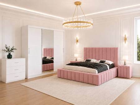 Dormitor Montreal cu Dressing Alb 250x200, Comodă, Pat și Noptiere Tapițate