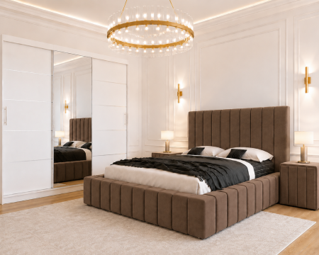 Dormitor Montreal cu Dressing Alb 250x200, Comodă, Pat și Noptiere Tapițate [1]