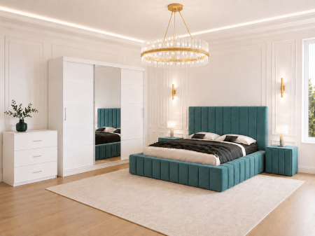 Dormitor Montreal cu Dressing Alb 250x200, Comodă, Pat și Noptiere Tapițate