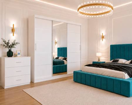 Dormitor Montreal cu Dressing Alb 250x200, Comodă, Pat și Noptiere Tapițate [2]