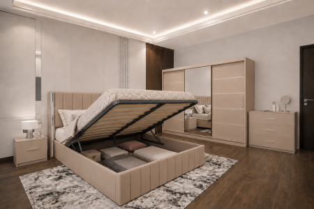 Dormitor Cairo New cu Dressing Casmir 250x200, Comodă, Pat și Noptiere Tapițate [2]