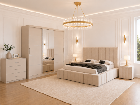 MOBILIER COMPLET DORMITOR - Dormitor Montreal cu Dressing Casmir 250x200, Comodă, Pat și Noptiere Tapițate