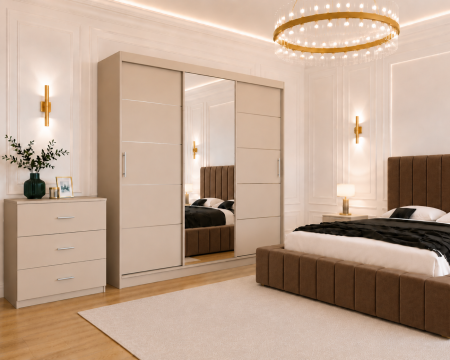 Dormitor Montreal cu Dressing Casmir 250x200, Comodă, Pat și Noptiere Tapițate [1]