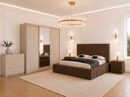 Dormitor Montreal cu Dressing Casmir 250x200, Comodă, Pat și Noptiere Tapițate