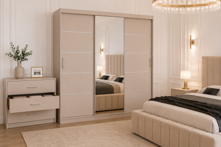 Dormitor Montreal cu Dressing Casmir 250x200, Comodă, Pat și Noptiere Tapițate [2]