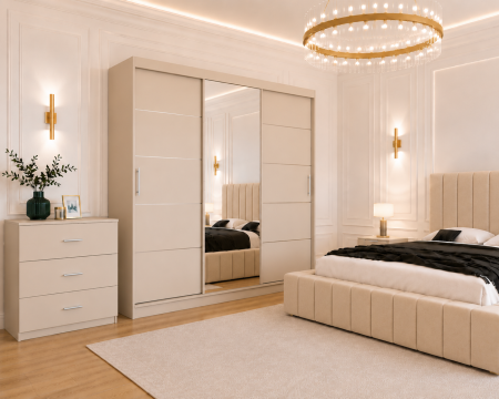 Dormitor Montreal cu Dressing Casmir 250x200, Comodă, Pat și Noptiere Tapițate [1]
