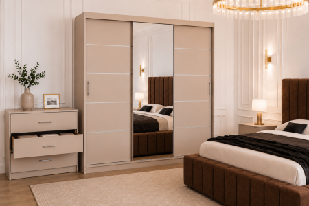 Dormitor Montreal cu Dressing Casmir 250x200, Comodă, Pat și Noptiere Tapițate [2]