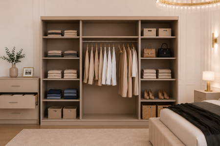 Dormitor Montreal cu Dressing Casmir 250x200, Comodă, Pat și Noptiere Tapițate [5]