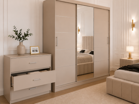 Dormitor Montreal cu Dressing Casmir 250x200, Comodă, Pat și Noptiere Tapițate [3]