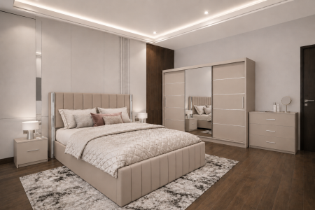 MOBILIER COMPLET DORMITOR - Dormitor Cairo New cu Dressing Casmir 250x200, Comodă, Pat și Noptiere Tapițate