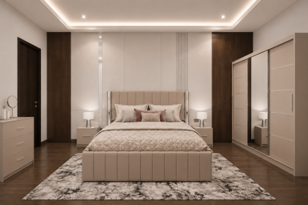 Dormitor Cairo New cu Dressing Casmir 250x200, Comodă, Pat și Noptiere Tapițate [1]