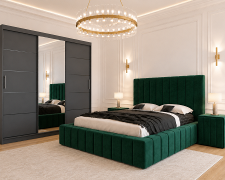 Dormitor Montreal cu Dressing Gri Antracit 250x200, Comodă, Pat și Noptiere Tapițate