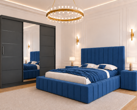 Dormitor Montreal cu Dressing Gri Antracit 250x200, Comodă, Pat și Noptiere Tapițate [1]