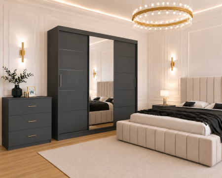 Dormitor Montreal cu Dressing Gri Antracit 250x200, Comodă, Pat și Noptiere Tapițate [2]
