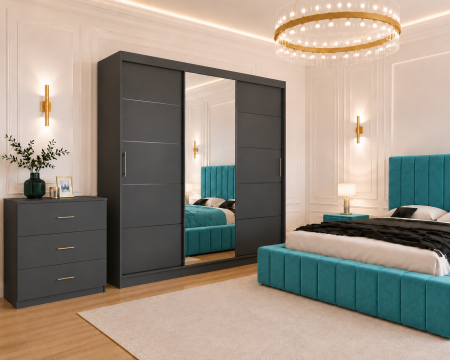 Dormitor Montreal cu Dressing Gri Antracit 250x200, Comodă, Pat și Noptiere Tapițate