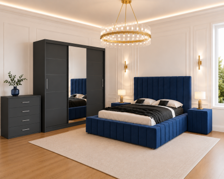 Dormitor Montreal cu Dressing Gri Antracit 250x200, Comodă, Pat și Noptiere Tapițate [0]
