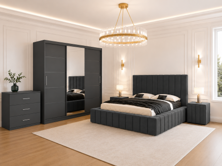 Dormitor Montreal cu Dressing Gri Antracit 250x200, Comodă, Pat și Noptiere Tapițate
