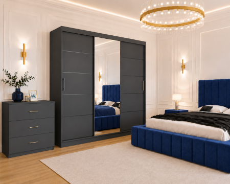 Dormitor Montreal cu Dressing Gri Antracit 250x200, Comodă, Pat și Noptiere Tapițate