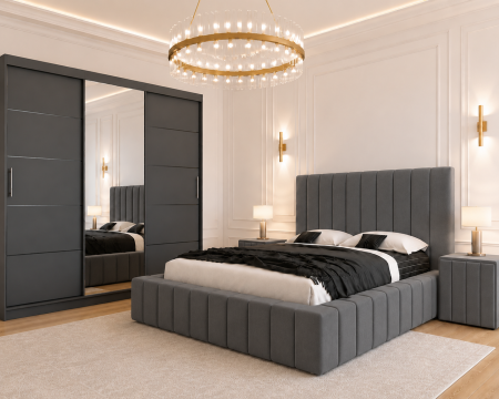 Dormitor Montreal cu Dressing Gri Antracit 250x200, Comodă, Pat și Noptiere Tapițate [1]