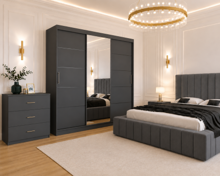 Dormitor Montreal cu Dressing Gri Antracit 250x200, Comodă, Pat și Noptiere Tapițate [2]