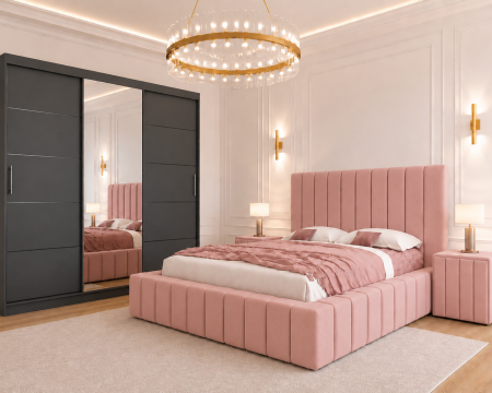 Dormitor Montreal cu Dressing Gri Antracit 250x200, Comodă, Pat și Noptiere Tapițate