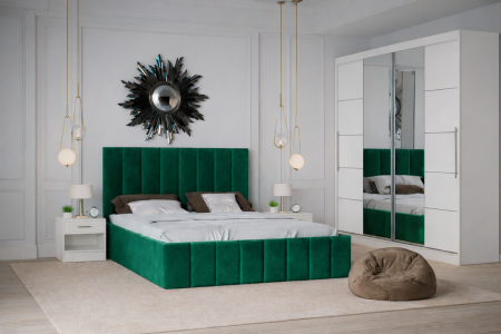 Dormitor Nobless cu Pat Tapițat, Dressing 200x200 Alb și Noptiere [1]