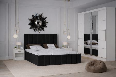 Dormitor Nobless cu Pat Tapițat, Dressing 200x200 Alb și Noptiere [1]