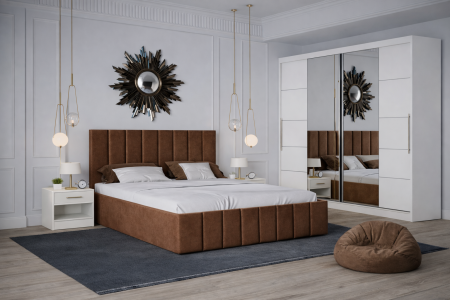 Dormitor Nobless cu Pat Tapițat, Dressing 200x200 Alb și Noptiere [1]