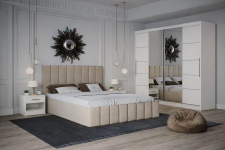 Dormitor Nobless cu Pat Tapițat, Dressing 200x200 Alb și Noptiere [1]
